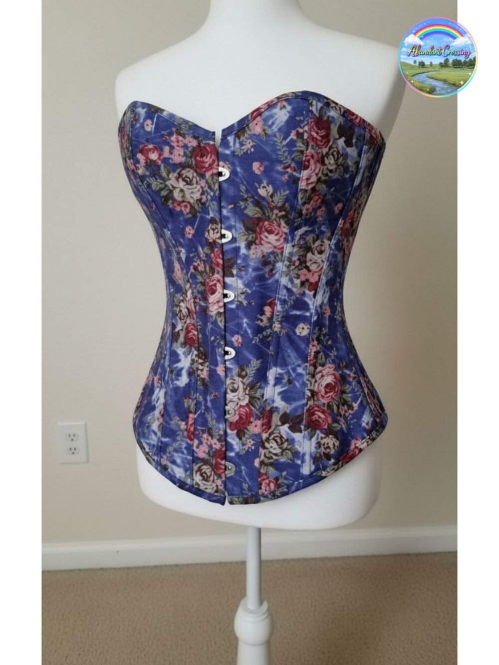 Vintage Floral Denim Overbust Corset Bustier Top Steel Boned Lace Up Back